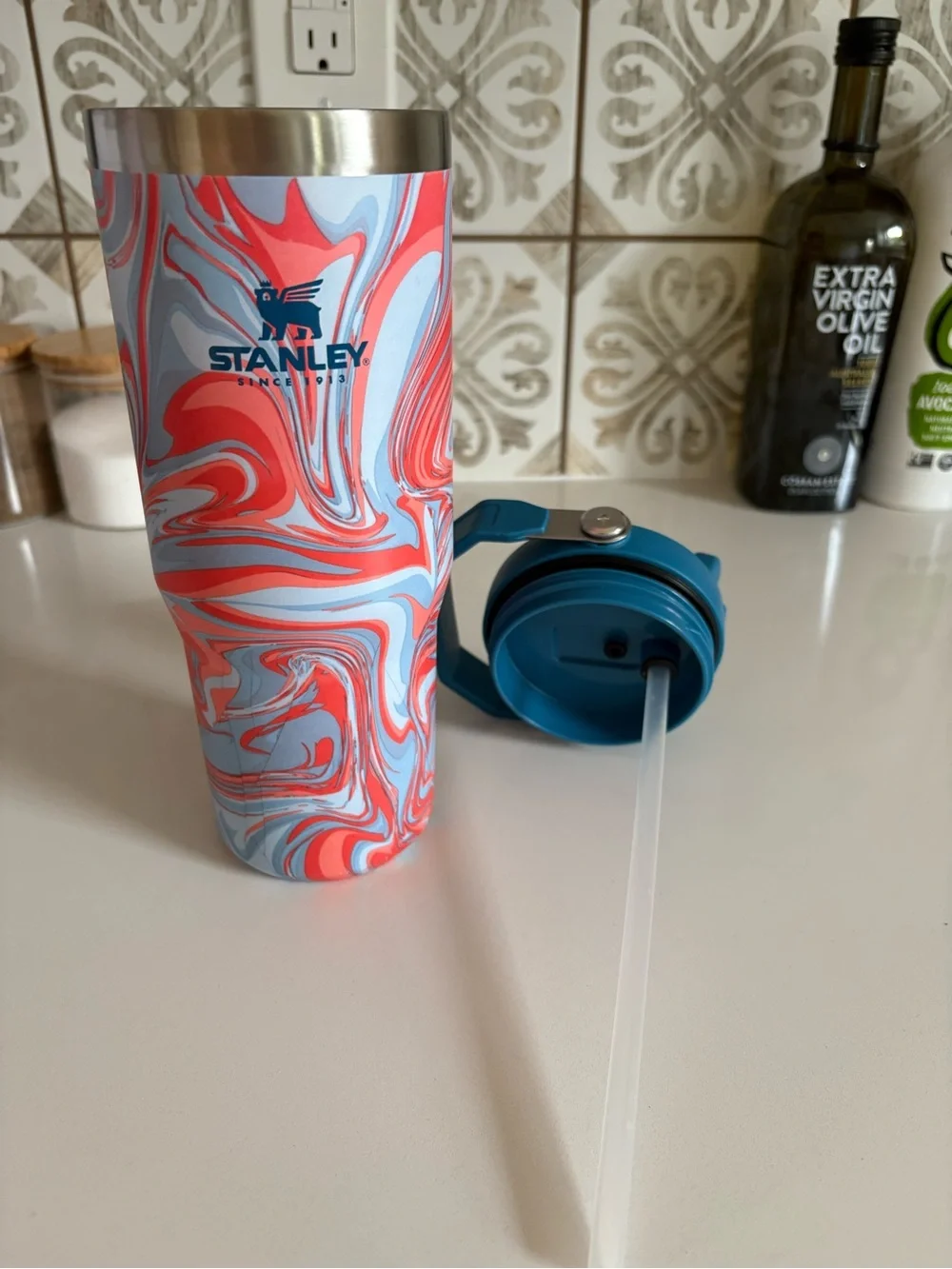 Stanley Travel Tumbler in Teal, Light Blue & Coral Swirl